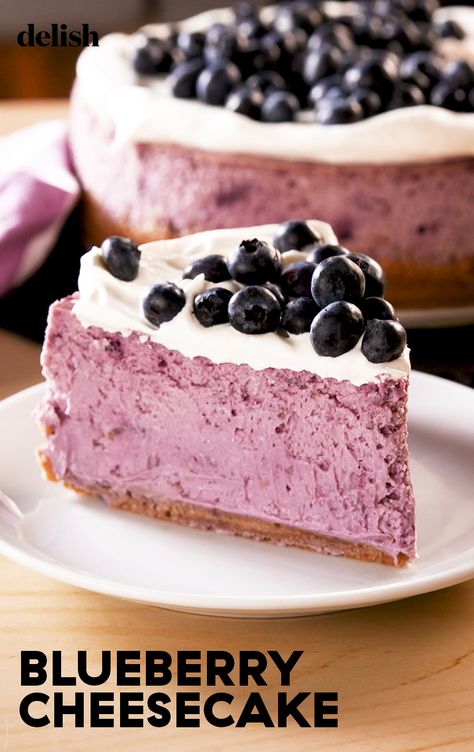 This Blueberry Cheesecake is SO FLUFFY. Get the recipe at Delish.com. #recipe #easy #easyrecipes #delish #blueberry #cheesecake #baking #dessert #berries #dessertrecipes Ketovore Desserts, Blueberry Cheesecake Recipes, Blueberry Puree, Cheesecake With Whipped Cream, Blueberry Cheesecake Recipe, Savory Cakes, Small Food Processor, Gateaux Cake, Trending Recipes