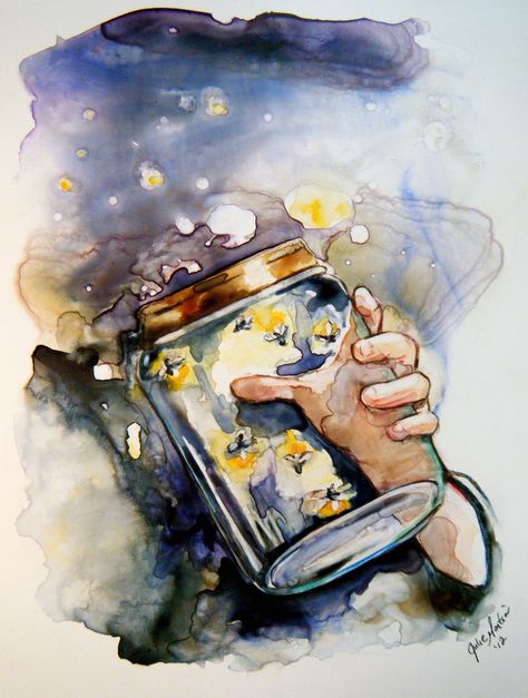 Summer memories of fireflies  by Julie Martin Jar Of Fireflies Drawing, Firefly Watercolor Paintings, Watercolor Fireflies, Firefly Watercolor, Fireflies Painting, Jar Of Fireflies, Nature Drawing Ideas, Lightening Bugs, Firefly Painting