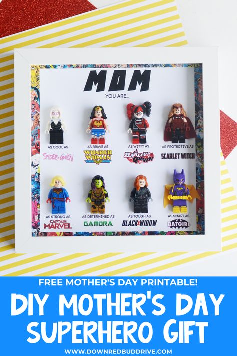 This awesome DIY Mother's Day superhero shadowbox is an awesome gift idea for the mom who loves all things superhero! DIY Mother's Day Superhero Shadowbox | Mother's Day Superhero Gift | Mother's Day Marvel Gift | Mother's Day DC Gift | DIY Mother's Day Gift | Mother's Day LEGO Gift | Down Redbud Drive #marvel #dc #superhero #mothersday #diy #lego Superhero Gift Ideas, Superhero Diy, Diy Engagement Gifts, Mothersday Diy, Lego Gift, You Are My Superhero, Marvel Diy, Marvel Gift, Lego Frame