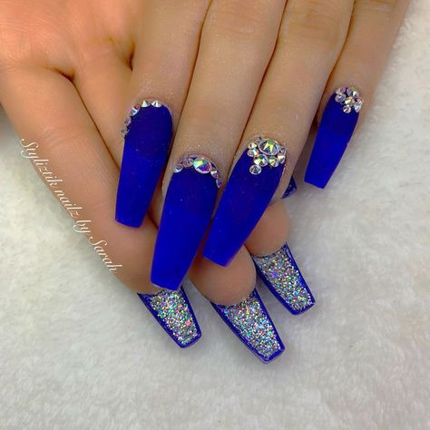 #fallnails🍁🍂 #fallnailsdesign #fallnails #royalblue #navyblue #bluenails #blingnails #swarovskinails #matte #mattenails #glitter… Blue Diamond Nails, Royal Blue Nails Designs, Sparkly Nail Designs, Nail Designs Bling, Champagne Nails, Royal Blue Nails, Blue Glitter Nails, Sunflower Nails, Formal Nails