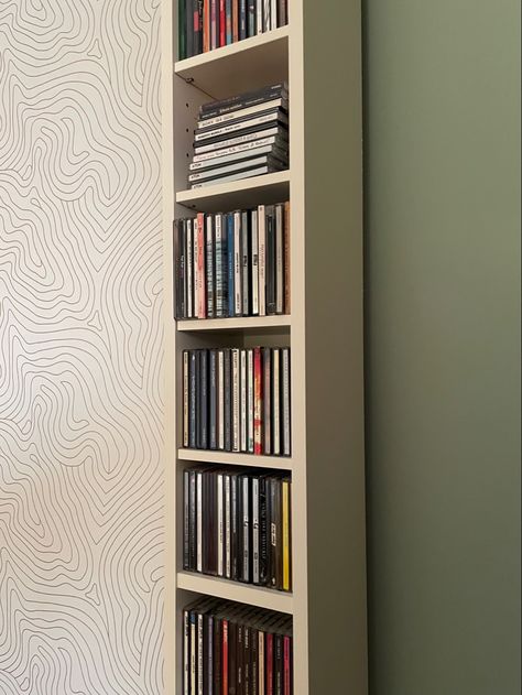 #design #wallpaper #cd #library #aesthetic Cd Holder Aesthetic, Cd Holder, Library Aesthetic, Design Wallpaper, Corner Bookcase, Bookcase, Cd, Dream House, Shelves