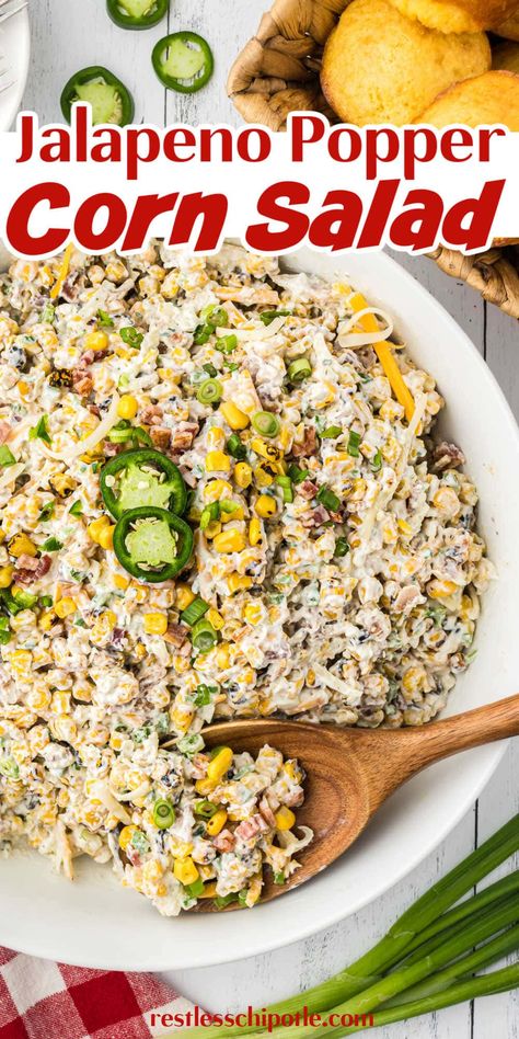 Jalapeno Popper Corn Salad, Jalapeño Popper Corn Salad, Jalapeño Corn Salad, Jalapeño Popper Cucumber Salad, Cold Corn Salad, Side Dish Easy, Picnic Side Dishes, Restless Chipotle, Corn Salad Recipe