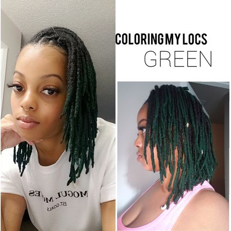 Green And Black Butterfly Locs, Green Locs Black Women, Dark Green Locs Black Women, Black And Green Faux Locs, Green And Black Locs, Dark Green Locs, Dyed Locs Green, Green Locs, Colorful Locs