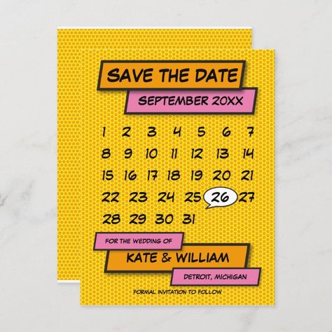 Calendar Fun Modern Comic Book Save The Date Announcement Postcard #Ad , #Ad, #Book#Comic#Date#Save Book Save The Date, Art Save The Date, Book Baby Shower Invitation, Comic Book Pop Art, Retro Invitation, Trendy Invitations, Modern Calendar, Cool Calendars, Retro Comic Book