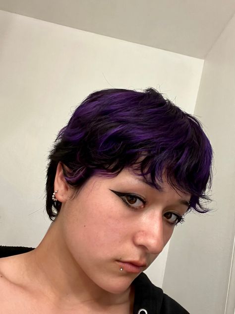 Person with a short pixie cut that is colored black with purple highlights Purple Highlights On Short Hair, Black And Purple Pixie Hair, Black Purple Short Hair, Purple Tips Short Hair, Black Hair With Purple Highlights Short, Short Hair With Purple Highlights, Short Hair Purple Highlights, Purple Streak In Brown Hair, Dark Purple Hair Short