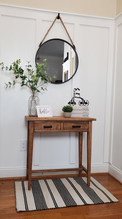 Computer Table In Living Room, Hobby Lobby Entry Table Decor, Hanging Mirror Decor, Small Entry Table With Mirror, How To Style A Small Entry Table, Small Entey Table, Small Entry Table Styling, Small Buffet Table Ideas Decor, Small Entry Table Decor Ideas