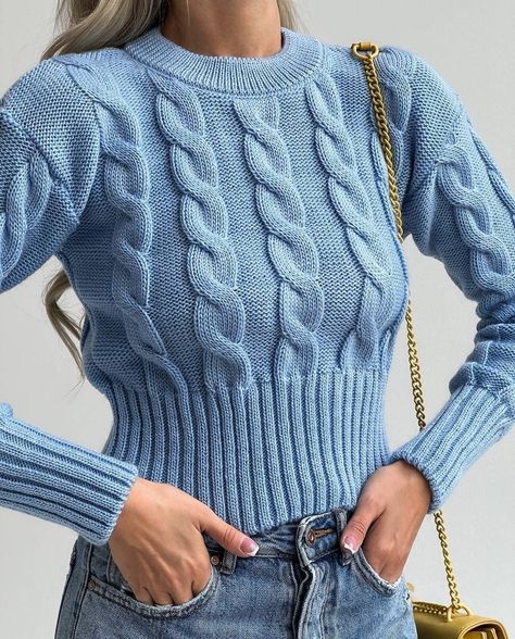 Light blue wool and acrylic cropped pullover with a knitted braid pattern is stylish and warmThis fitted sweater with cuffed sleeves and round neck goes well with various bottomstrousersjeansskirt or dress and can be safely worn for any occasionlike everydayoffice or schoolwinter romantic date and moreIn this sweater you will plunge into the comfortable atmosphere of knitted thingsDETAILSlight blue color50wool50acryliccroppedcrew neckknitted braid pattern SIZES This pullover is available in one Blue Crochet Sweater, Knitted Bra, Winter Romantic, Pattern Outfits, Braid Patterns, Cozy Jacket, Crochet Tops Free Patterns, Trousers Jeans, Cropped Pullover