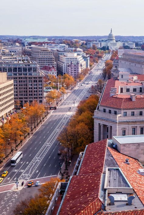 This photo was taken from an office building high above Pennsylvania Avenue in Washington, DC. From this vantage point, you can see a long stretch of Pennsylvania Avenue that leads directly to the US Capitol Building. I took this photo on an autumn day and the fall leaves area very visible and vibrant along the street. Rooftops are clearly seen. This photo features a very prominent street in the District of Columbia. This photo comes in various standard sizes and is printed on archival paper. Co Fall In Dc, Washington Dc Aesthetic, Us Capitol Building, Washington Dc City, Washington Dc Photos, Washington Dc Art, Image Aesthetic, Patriotic Wall Decor, Washington Dc Skyline