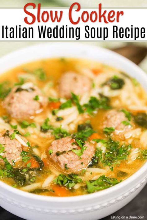 Crock Pot Italian Wedding Soup Recipe has everything you need for a great meal. The chicken meatballs, orzo pasta and veggies make a tasty and easy dinner. Wedding Soup Crockpot, Crockpot Italian Wedding Soup, Meatballs Orzo, Crock Pot Italian, Pasta And Veggies, Homemade Meatballs Easy, Wedding Soup Recipe, Italian Wedding Soup Recipe, Wedding Soup