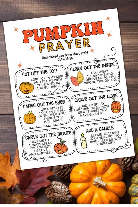 Christian Halloween Pumpkin Carving Activity - The pumpkin Prayer Christian Pumpkin Printable, Christian Carved Pumpkins Ideas, Pumpkin Devotion For Kids, No Halloween Christian, The Pumpkin Gospel, Being A Christian Is Like A Pumpkin, October Bible Lessons For Kids, Pumpkin Prayer Craft, Catholic Halloween Activities