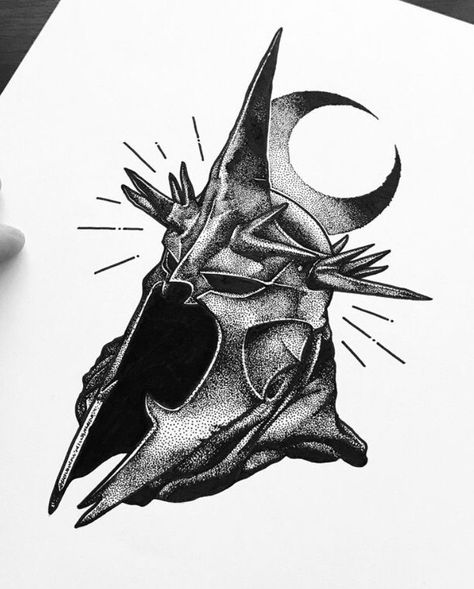 Sauron Helmet Tattoo, Nazgul Tattoo Design, Medieval Helmet Tattoo, Lotr Tattoo Design, Sauron Tattoo Design, Lord Of The Rings Tattoo Design, Witch King Of Angmar Tattoo, Witch King Tattoo, Knight Helmet Tattoo