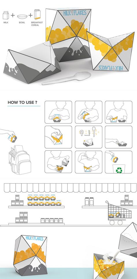 Milk & Flakes is a cleverly designed packaging solution that makes it possible for kids to have a tasty breakfast treat anywhere from home to school! Interesting Box Design, Multi Purpose Packaging, Packaging Design Cardboard, Interactive Packaging Design, Breakfast Packaging, Interactive Packaging, Kids Package Design, Packaging Structure, Interesting Packaging