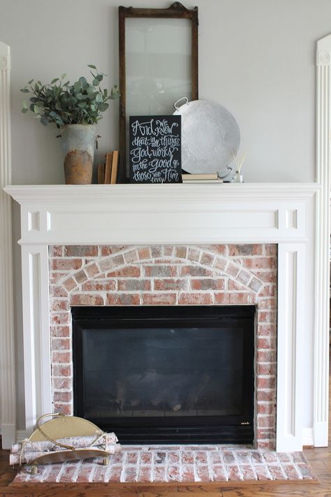 “I love how this room incorporates the brick from the exterior into the interiors through the traditional mantel,” says Ashley. Brick Fireplace Mantle, Traditional Mantel, Whitewash Fireplace, Red Brick Fireplace, Easy Home Renovations, Fireplace Makeovers, House Fireplace, Brick Fireplaces, Red Brick Fireplaces