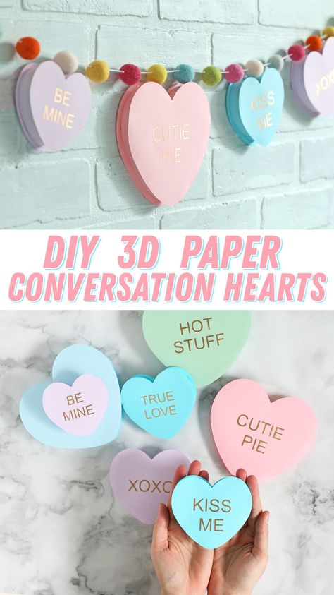 Conversational Hearts Decor, Diy Valentines Projects, Diy Craft Valentines Day, Conversation Heart Garland, Valentines Paper Hearts, Valentine’s Day Banner Diy, Valentine's Paper Crafts, Diy Paper Valentines Decorations, Diy Vday Decor