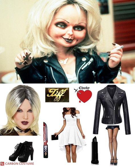 Chuck And Bride Of Chucky Costume, Chuckle And Tiffany Costume, Female Chucky Halloween Costume, Chucky’s Bride, Easy Halloween Costumes Blonde Hair, Diy Tiffany Costume Chucky, Chuckie And Bride Costume, Halloween Costumes Horror Movies Women, Chucky And Chucky Bride Costume