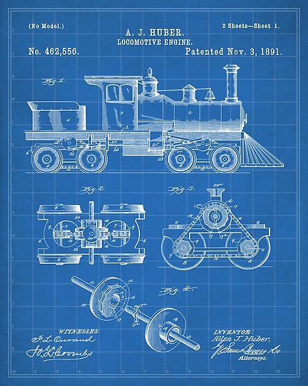 Patent Print of Train locomotive on a blueprint base. All my patent designs are digitally cleaned and edited to create unique artwork from these historic documents. / Other patent designs and color options available in my REDBUBBLE shop. • Millions of unique designs by independent artists. Find your thing. Train Design Concept, Steam Engines Trains, Vintage Train Illustration, Train Blueprint, University Collage, Machine Blueprint Drawing, Old Steam Train Drawings, Vintage Blueprints Technical Drawings, Train Locomotive