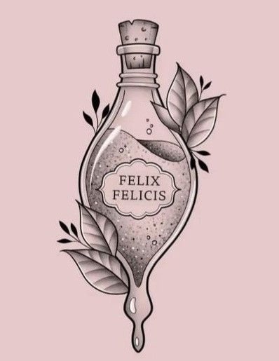 Harry Potter Potions Drawings, Harry Potter Potion Tattoo, Felix Felicis Drawing, Liquid Luck Tattoo, Potion Bottle Tattoo Design, Small Harry Potter Tattoo Ideas, Slytherin Tattoo Ideas, Harry Potter Zeichnung, Harry Potter Flash Tattoo