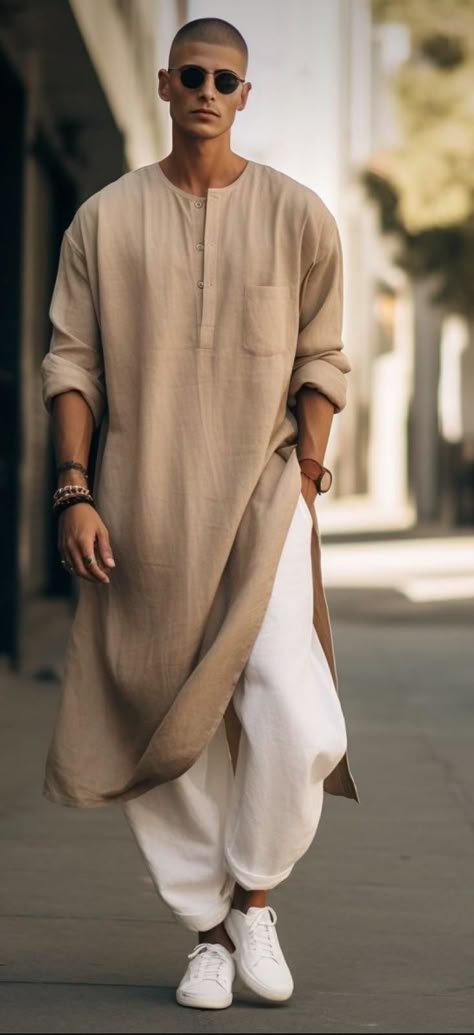 Men’s Kurta Style, Trendy Kurta For Men, Linen Kurta Men, Linen Outfits For Men, Linen Outfit Men, Linen Clothes Men, Boho Clothing Men, Kurta Casual, Kaftan Outfit