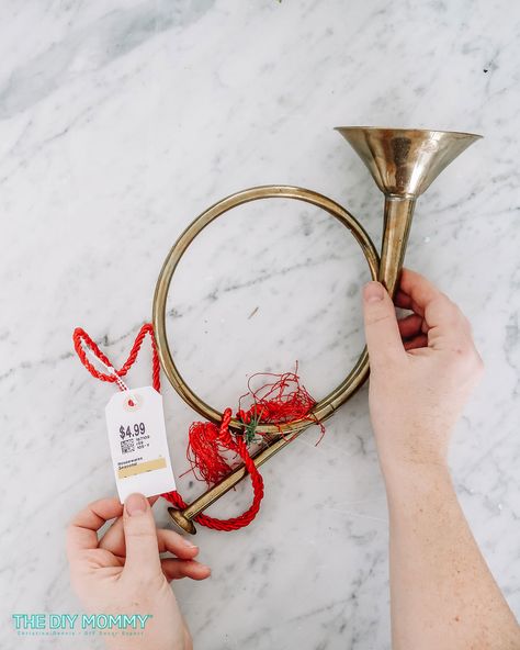 DIY Christmas Door Swag with a Thrifted French Horn | The DIY Mommy French Horn Decorating Ideas, Christmas Horn Decor, Brass Horns Christmas Decor, French Horn Christmas Decor, Christmas French Horn Decoration, French Horn Wreath Vintage Christmas, French Horn Decor, French Horn Painting, Diy Swag