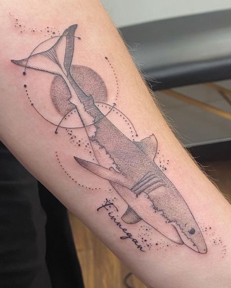 Geometric Shark Tattoo, Shark Sleeve Tattoo, List Tattoo, Practice Shading, Geometric Shark, Shark Tattoo Ideas, Diver Tattoo, Science Tattoo, Scene Tattoo