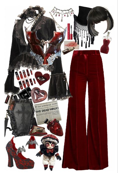 Vamp Inspired Outfits, Red Queen Inspired Outfits, Demoncore Aesthetic Outfits, 70s Vampire Aesthetic, Vampire Gothic Outfits, Demoncore Outfits, Devilcore Outfits, Gothic Vampire Aesthetic Outfit, Devilcore Aesthetic Outfit