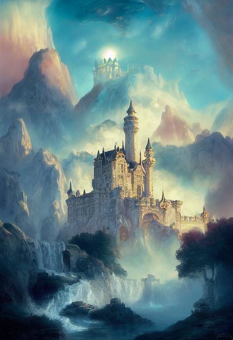 Fantasy Landscape Castle, Sky Kingdom Fantasy Art, Fantasy World Art Dreams, Fantasy Sketchbook, Dragon Time, Castle Illustration, Castle Tattoo, Castle Painting, Castle Aesthetic