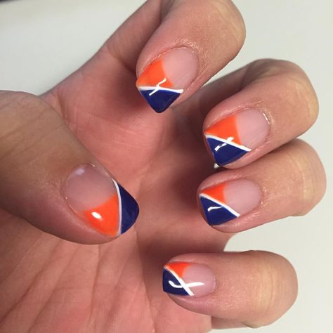 #BroncosCountry nails Gator Football Nails, Detroit Tiger Nails Designs, Denver Broncos Nails Designs, Broncos Nails Denver, Bronco Nails Design, Nfl Nail Designs, Detroit Tigers Nails, Ducks Nails, Football Nails Design