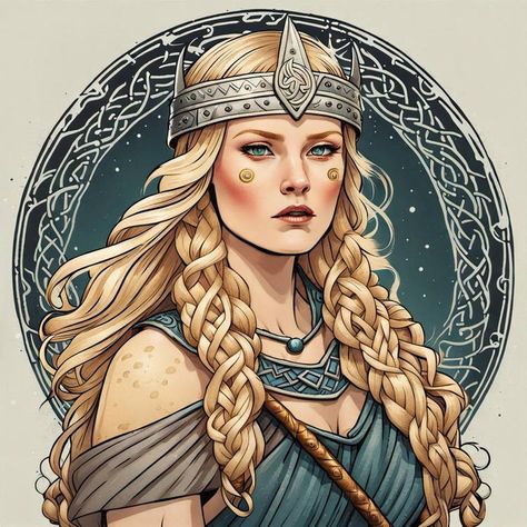 Frigg Goddess Art, Freya Goddess Tattoo Design, Freya Drawing, Freyja Goddess, Nordic Goddesses, Nordic Blonde, Winter Goddess, Viking Warrior Woman, Freya Goddess