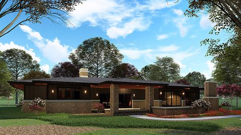 House Plan 82567 - Prairie Style with 2681 Sq Ft, 4 Bed, 3 Bath, 1 Half Bath | COOLhouseplans.com Modern Prairie Home, Retirement House Plans, Mid Century Modern House Plans, Prairie Design, Modern Prairie, Brick Columns, Retirement House, Prairie House, Prairie Home