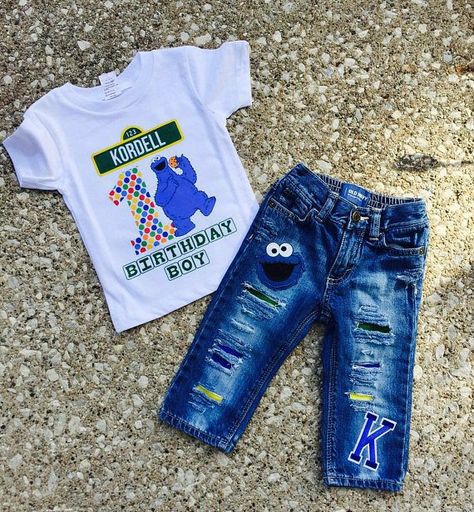 Cookie Monster 1st Birthday Outfit, Cookie Monster Party Favors, Cookie Monster 1st Birthday, Custom Denim Jeans, Cookie Monster Birthday Party, 1st Birthday Outfit Boy, Monster First Birthday, Kid Birthday Outfits, Monster 1st Birthdays