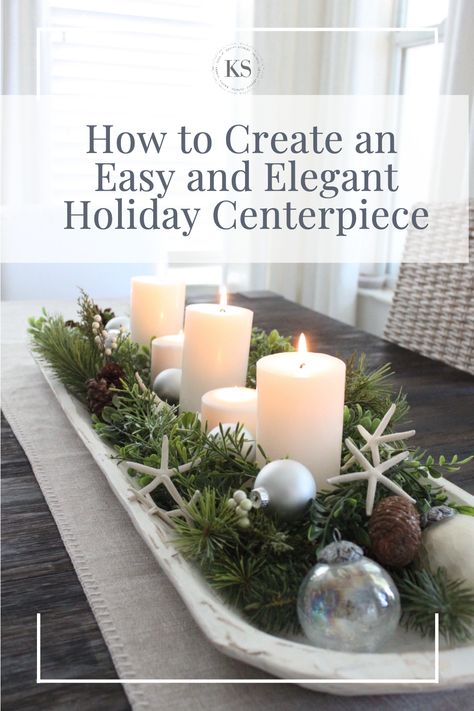 How to Create an Easy and Elegant Holiday Centerpiece Coastal Christmas Centerpiece Ideas, Coastal Christmas Coffee Table Decor, Modern Coastal Christmas Tree, Seaside Christmas Decor, Coastal Christmas Centerpieces, Costal Christmas Tree Ideas, Coastal Winter Aesthetic, Coastal Winter Decor, Coastal Christmas Tablescapes