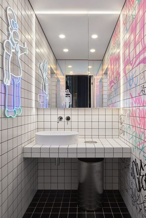 Store Bathroom Ideas, Funky Bathrooms, Neon Bathroom, Commercial Bathroom Designs, Office Awards, Creative Bathroom, Powder Room Design, Best Office, Bathroom Design Inspiration