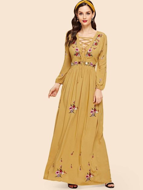 Free Returns ✓ Free Shipping On Orders $49+ ✓. Plus Lace Up Front Flower Embroidered Maxi Dress- Dresses at SHEIN. English Colours Dress, English Colours, Dresses Australia, Yellow Maxi, Fashion Dresses Online, Clothing Catalog, Embroidered Maxi Dress, Maxi Dress Online, Dress Flower