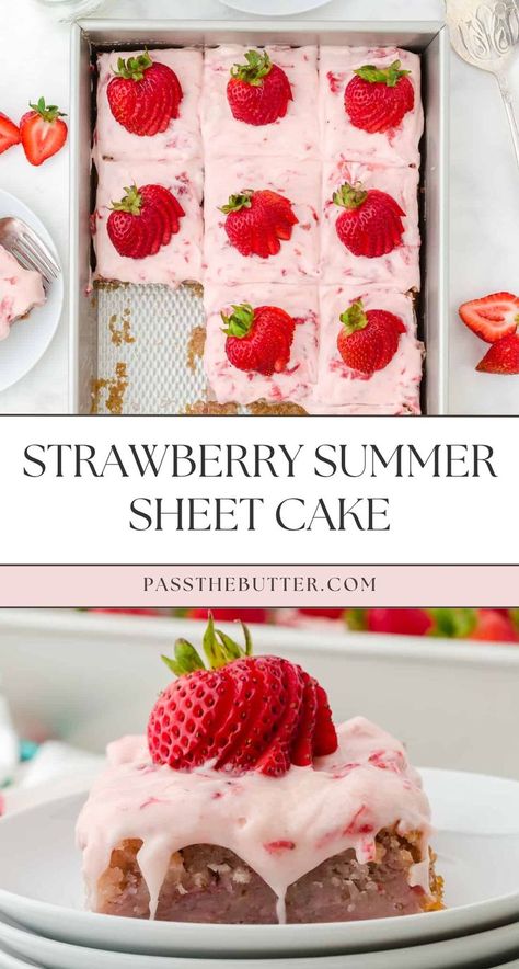 This fresh strawberry cake is one of the best summer strawberry desserts you can make. It's an easy recipe for a strawberry sheet cake from scratch, loaded with juicy strawberries and topped with creamy frosting. Simple to prepare and irresistibly delicious, it's a perfect way to enjoy the flavor of fresh strawberries in a homemade treat. Strawberry Texas Sheet Cake Recipe, Summer Sheet Cake, Summer Strawberry Desserts, Strawberry Sheet Cake Recipe, Strawberry Sheet Cake, Easy Strawberry Cake, Strawberry Sheet Cakes, Homemade Strawberry Cake, Texas Sheet Cake Recipe