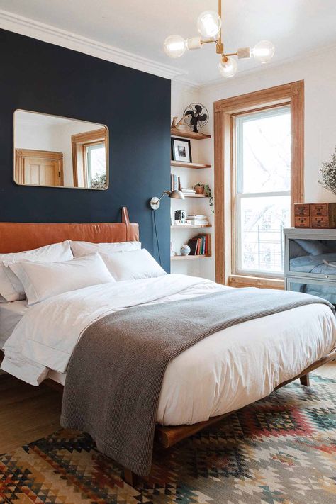 Dark Accent Walls, Blue Bedroom Walls, Bold Bedroom, Blue Accent Walls, Old Fireplace, Mid Century Modern Bedroom, Leather Headboard, Bedroom Accent, Accent Wall Bedroom