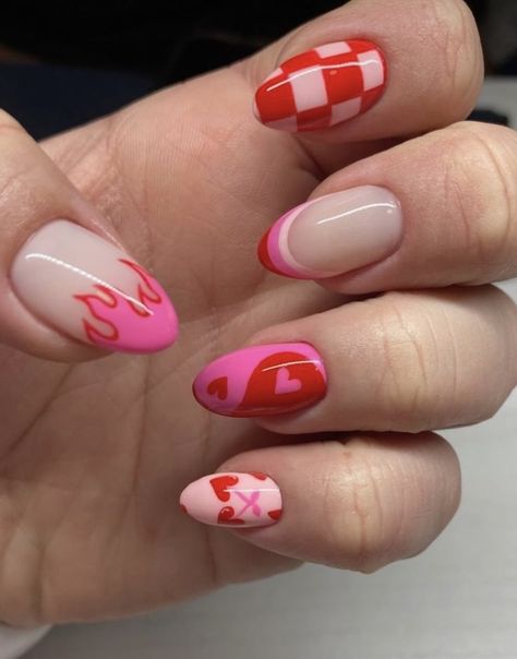 Funky Heart Nails, Fun Valentines Nails Almond, Groovy Valentines Nails, Valentine Candy Heart Nails, Checkered Valentines Nails, Red Funky Nails, Vday Nails Short, Harry Styles Nails Inspired, Toe Nail Art For Summer