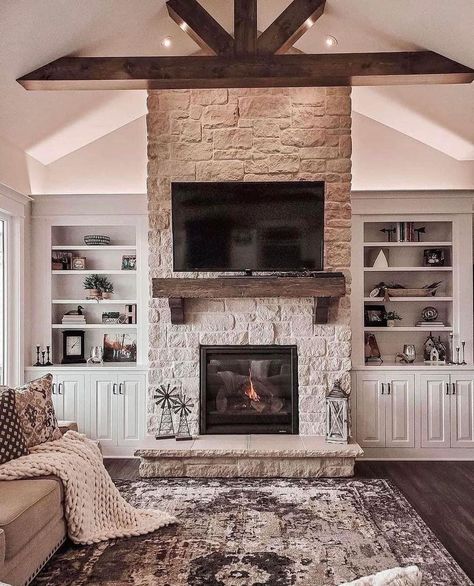 Flat Rock Fireplace, Rock Fireplace Vaulted Ceiling, Floor To Ceiling Fireplace Stone, Vaulted Fireplace Wall With Built Ins, Scandinavian Beach House Interior Design, Tv And Fireplace Wall Ideas, Fireplace Design Farmhouse, Fireplace With Built Ins On Both Sides, Great Room Fireplace