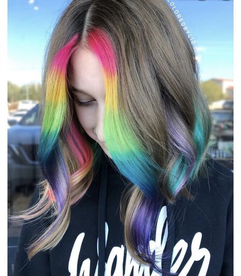 Rainbow Money Piece, Hair Money Piece, Pride Hair, Kids Hair Color, Dreamy Hair, Hair Stripes, Colorful Hairstyles, Peekaboo Hair, Money Piece