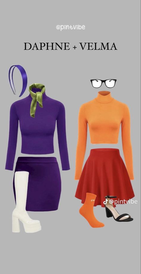 Sims Character Costume, Cute Daphne Costume, Dalphine And Velma Halloween Costume, Costume Character Ideas Women, Garfield And Odie Costume, Velma Costume Cute, Daphne Halloween Costume Diy, Simple Halloween Costumes Ideas, Duo Halloween Costumes Unique