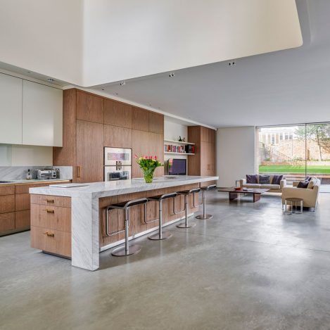 Concrete Floors Kitchen Modern, Wood Kitchen Concrete Floor, Polished Concrete And Wood Floor, Concrete Floors Wood Cabinets, Concrete Tile Floor Kitchen, Kitchen With Concrete Floors, Polished Concrete Floor Kitchen, Concrete Floor Kitchen, Kitchen Concrete Floor