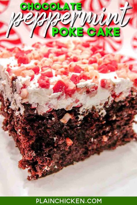 Chocolate Peppermint Poke Cake - Our go-to holiday dessert. Tastes just like the Peppermint Milkshake at Chick-fil-a. Only 6 ingredients - chocolate cake mix, hot fudge sauce, condensed milk, cool whip, and peppermint crunch chips. Great for a crowd. Tastes like Christmas! Everyone always asks for the recipe! #cake #pokecake #peppermint #chocolate Peppermint Chocolate Poke Cake, Candy Cane Poke Cake, Peppermint Patty Poke Cake, Peppermint Poke Cake Recipes, Chocolate Candy Cane Cake, Christmas Jello Cake Recipe, Chocolate Peppermint Cake Recipe, Chocolate Peppermint Poke Cake, Peppermint Bark Cake Recipe