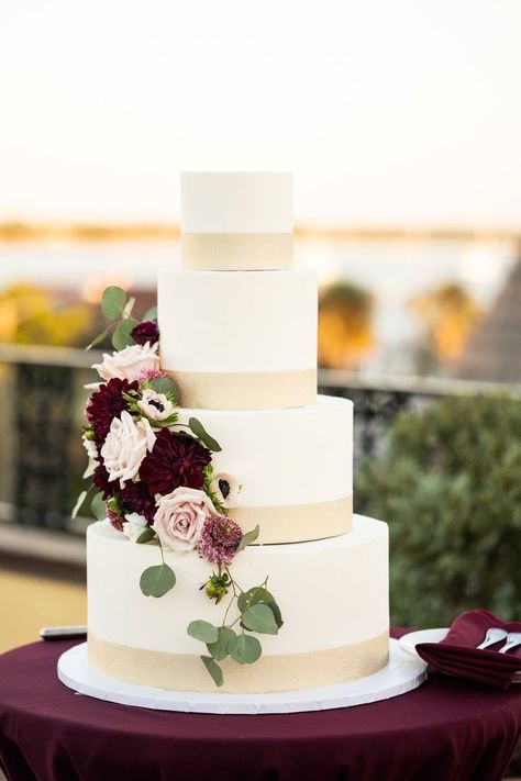 Navy Red Wedding, Burgundy And Gold Wedding, White And Gold Wedding Cake, Burgundy Wedding Cake, Blush Wedding Cakes, Rose Gold Wedding Cakes, Green Wedding Cake, St Augustine Wedding, Wedding Cakes Elegant