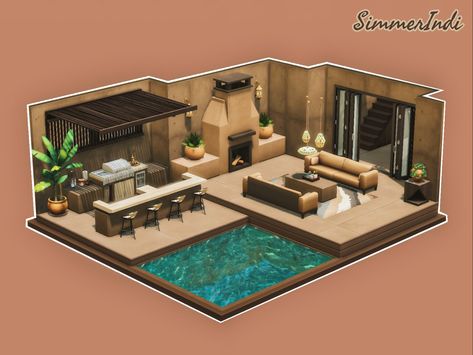 Ts4 Patio Cc, Sims 4 Desert Luxe Kit, Sims Indoor Pool, Sims Patio Ideas, Sims4 Backyard Ideas, Sims 4 Houses Inspiration, Sims 4 One Bedroom House, Sims 4 Desert Luxe, Sims 4 Patio Ideas