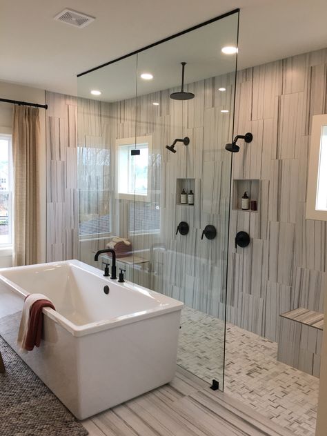 2 Head Showers Master Bath, Bathroom Ideas Double Shower Head, New Construction Master Bath, Large Spa Bathroom Master Bath, Multihead Shower Master Bath, Large Bathroom Ideas Master Suite Showers, Walk Thru Shower Behind Tub, Shared Shower Between Bathrooms, Master Shower Two Showerheads