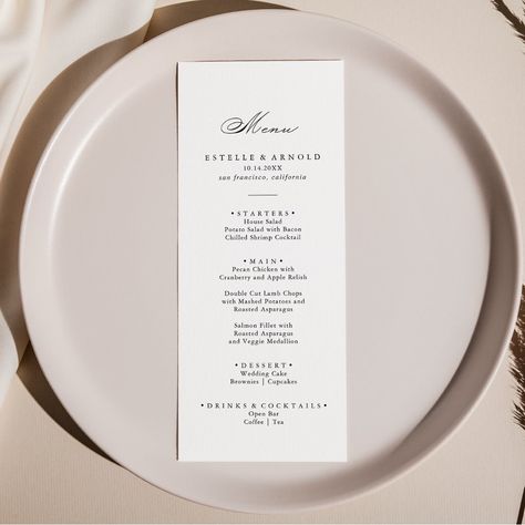 Wedding Dinner Menu Cards, Rehersal Dinner Menu, Engagement Party Menu, Minimalist Dinner, Spanish Dinner, Dinner Menu Card, Rehearsal Dinner Menu, Modern Wedding Reception, Wedding Dinner Menu