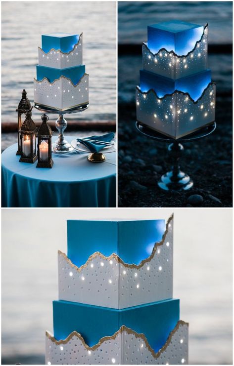 Wow! This destination wedding cake has real twinkling lights, so that it lights up as the sun goes down!  :0 Sunset And Twilight, Destination Wedding Cake, Twilight Beach, Light Cakes, Creative Cake Decorating, Beach Wedding Inspiration, Marble Cake, Unique Wedding Cakes, Crazy Cakes