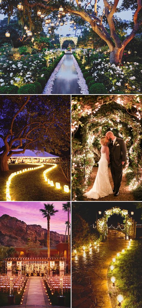 Making a Beautiful Entrance! 26 Creative Wedding Entrance Decor Ideas! Night time wedding entrance! Outside Night Wedding Ideas, Start Night Wedding, Garden Night Wedding, Wedding Entrance Ideas, Night Wedding Ideas, Fairytale Wedding Ideas, Outdoor Night Wedding, Night Weddings, Beautiful Entrance