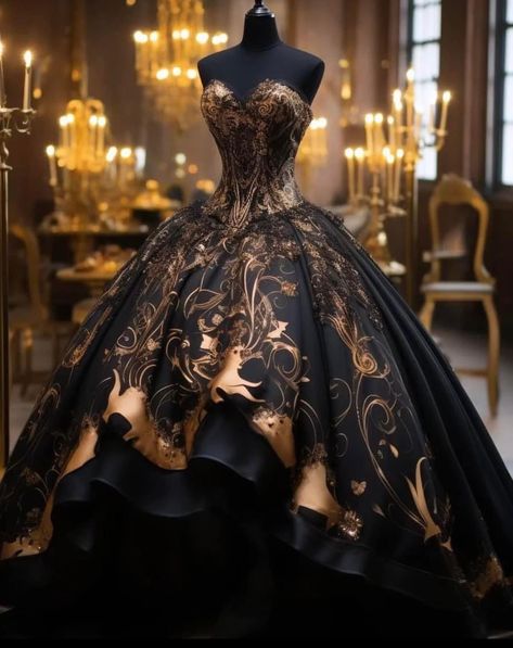 Black And Gold Ball Gown, Black Wedding Gowns, Glamouröse Outfits, Gothic Wedding Dress, Fantasy Dresses, Dream Wedding Ideas Dresses, Fantasy Gowns, Ballroom Dress, Fairytale Dress