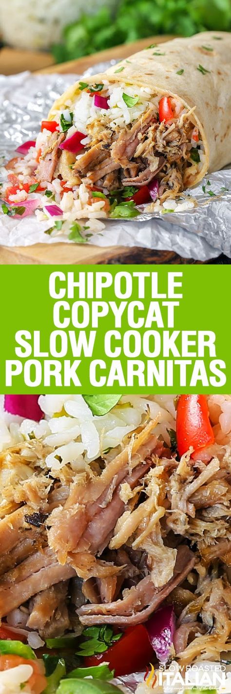 Chipotle Copycat Slow Cooker Pork Carnitas are a luscious slow cooked pork that is so soft and juicy, they melt in your mouth. Traditional Mexican cuisine would have you standing over a stove for hours, but who has that kind of time? This simple recipe is perfectly seasoned and creates a tender meat with robust flavors. Slow Cooker Pork Carnitas, Pull Pork, Chipotle Copycat Recipes, Chipotle Copycat, Chipotle Recipes, Pork Pasta, Pork Carnitas Slow Cooker, Slow Cooker Recipes Pork, The Slow Roasted Italian