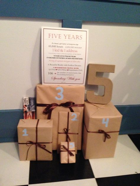 5 year anniversary.  1 gift that reminds you of each year of marriage!  My husband loved this! 5th Anniversary Gift Ideas, Veil Updo, Wedding Husband, Anniversary Gift Ideas For Him, 5th Wedding Anniversary Gift, Five Year Anniversary, Romantic Anniversary Gifts, 5 Year Anniversary Gift, One Year Anniversary Gifts